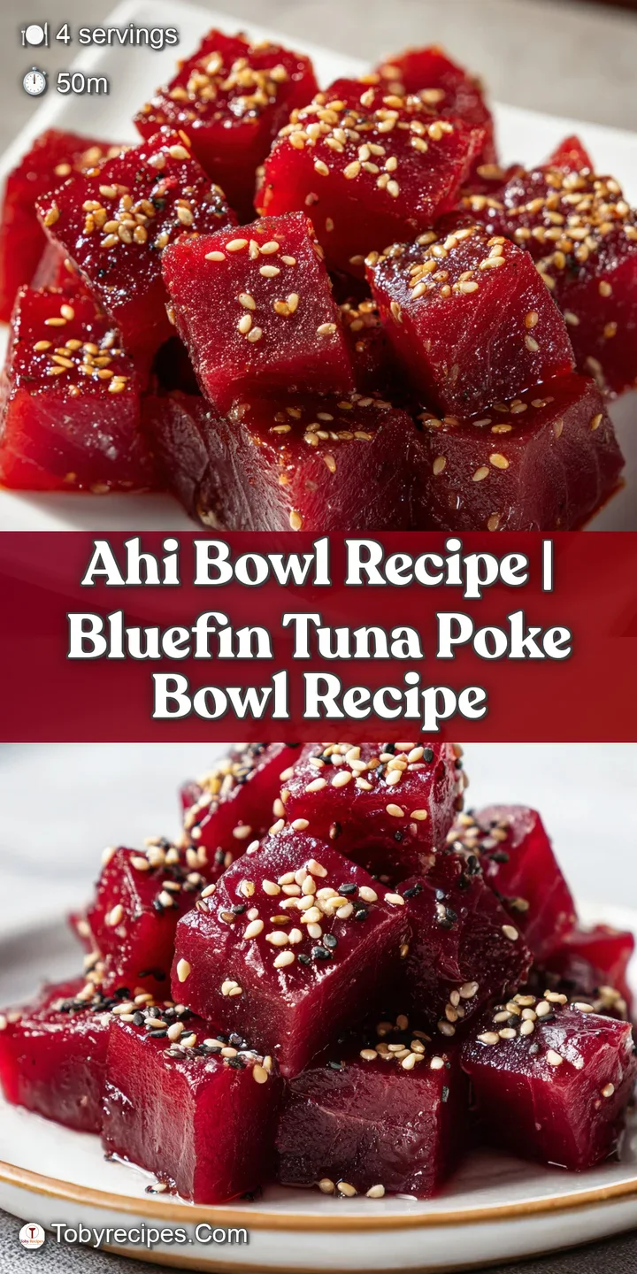 Close-up of glistening ruby-red tuna cubes topped with toasted sesame seeds and a drizzle of glossy soy glaze.