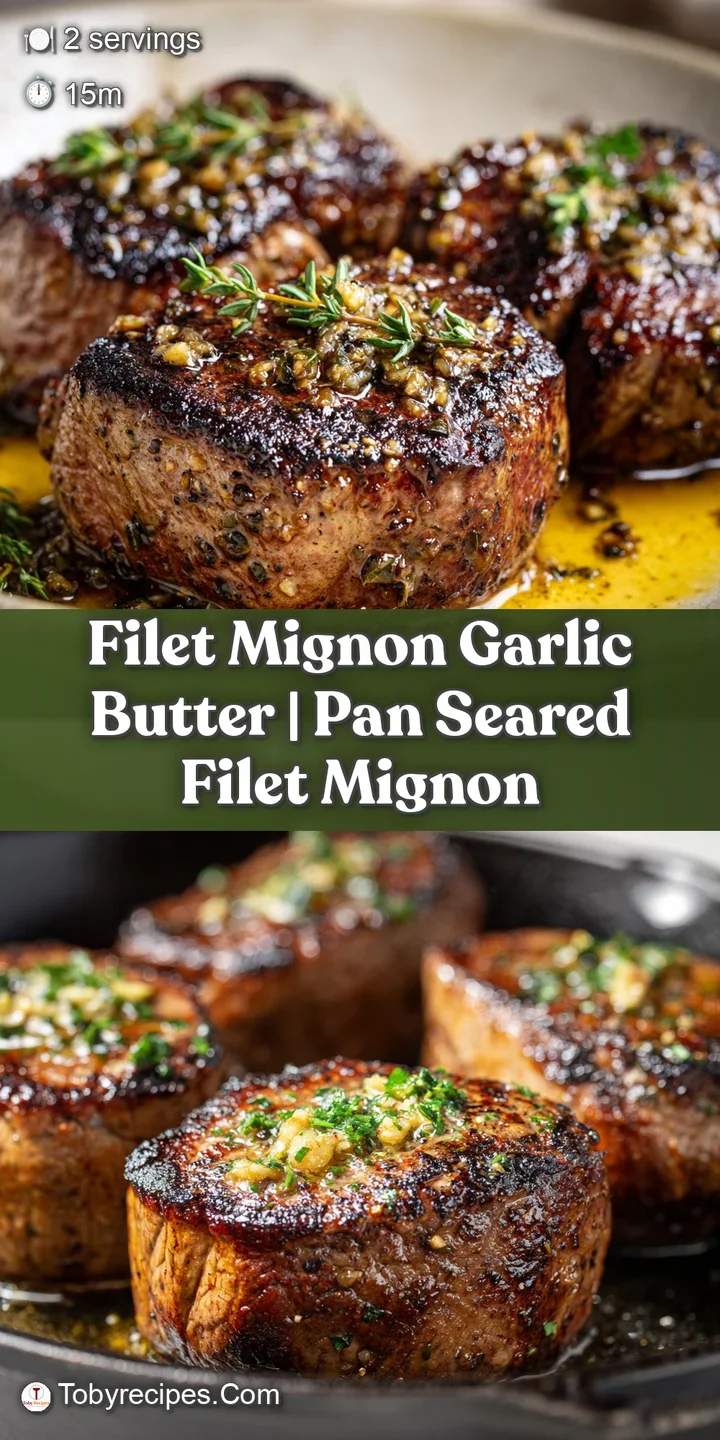 Close-up of a tender, pink center of a seared steak with droplets of melted garlic butter and minced garlic bits.