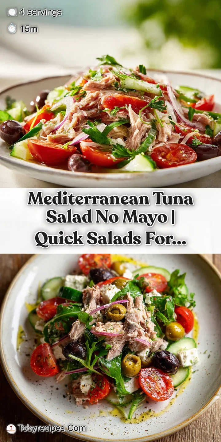 Close-up of flaky tuna mixed with bright red tomatoes, dark olives, and green herbs, glistening with a light dressing.