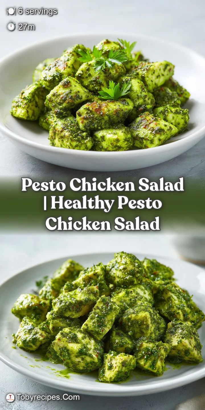 Close-up of tender chicken chunks coated in a rich, vibrant green pesto cream with visible flecks of fresh basil.