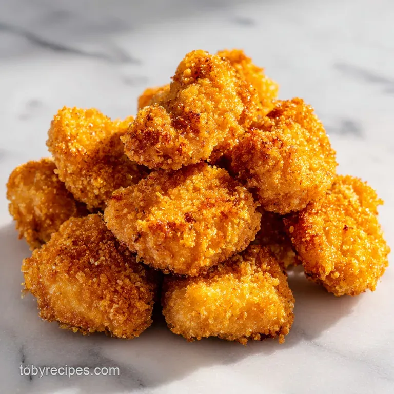 Crispy golden chicken bites arranged neatly on a slate board with a small bowl of honey mustard dipping sauce.