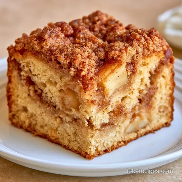 Moist slice of golden cake with cinnamon swirls on a white plate, served alongside a steaming cup of black coffee.