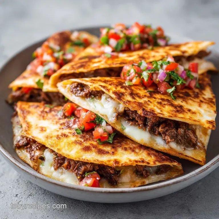 Neatly stacked toasted tortillas with melted golden cheese and savory beef, accented by fresh green cilantro sprigs.