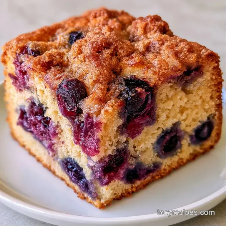 A slice of moist, berry-filled cake with a golden sugar crust on a white plate beside a steaming cup of black coffee.