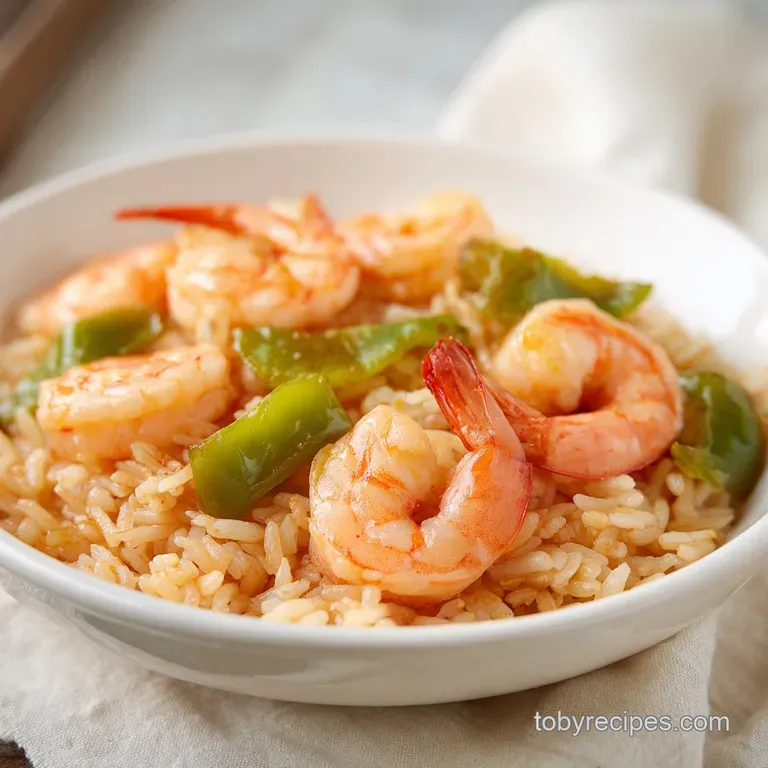 A clean white plate with a neat portion of seasoned rice and seared shrimp, garnished with bright green scallions.