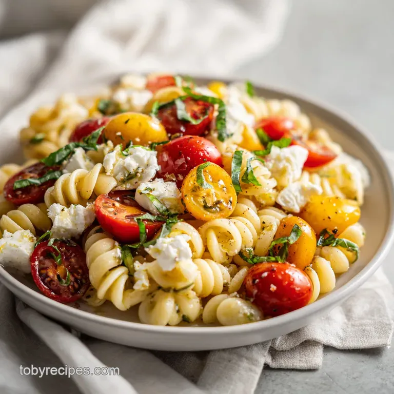 A white ceramic bowl brimming with colorful pasta salad, drizzled with balsamic glaze and garnished with basil.