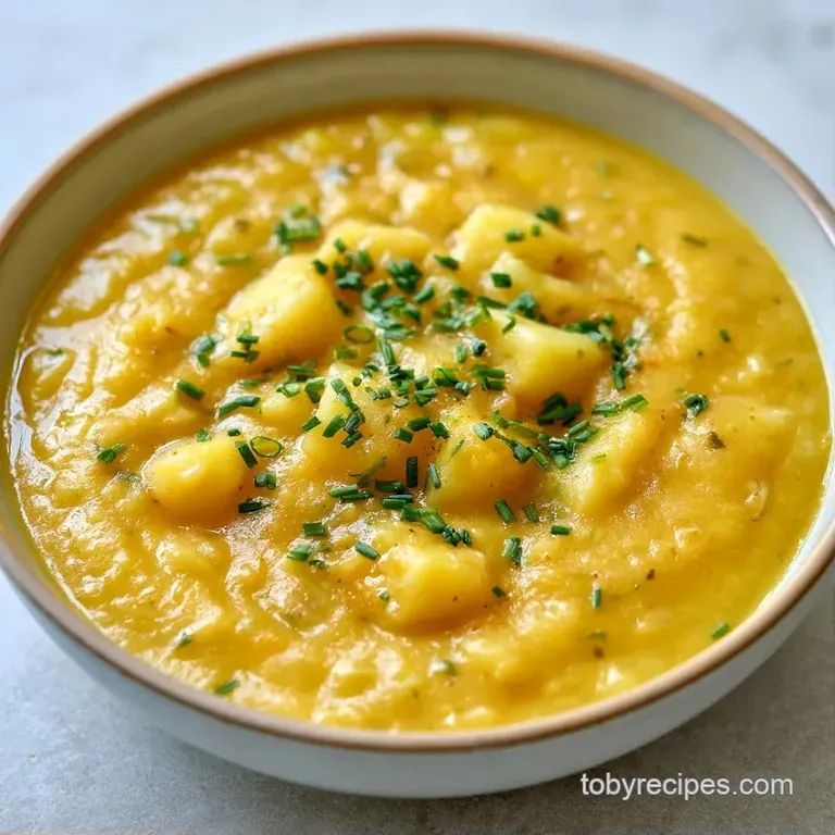 Velvety pale yellow soup in a white ceramic bowl on a rustic wooden table with a silver spoon and steam rising.
