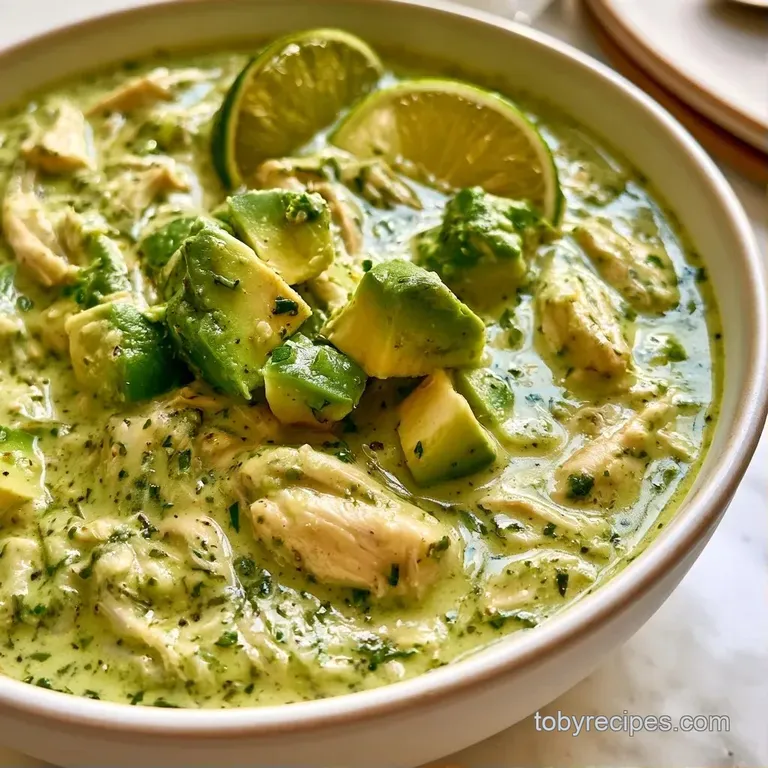 Elegant white bowl of creamy lime soup featuring perfectly cubed avocado and a fresh cilantro leaf garnish.