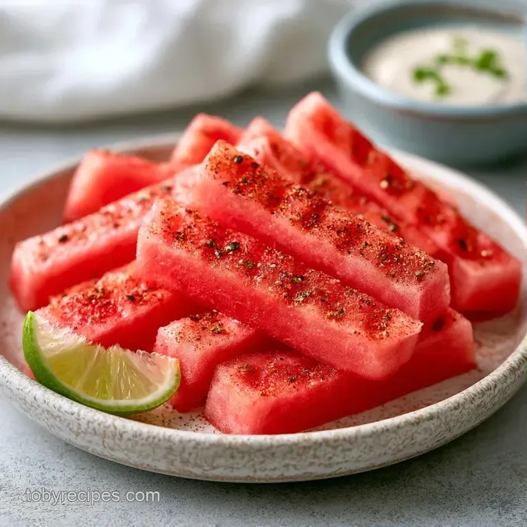 Neat piles of crimson fruit cubes on a white platter, garnished with lime wedges and a dusting of red chili powder.