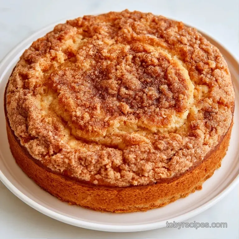 A thick slice of moist cake with a sandy crumble topping served on a matte plate beside a steaming cup of coffee.