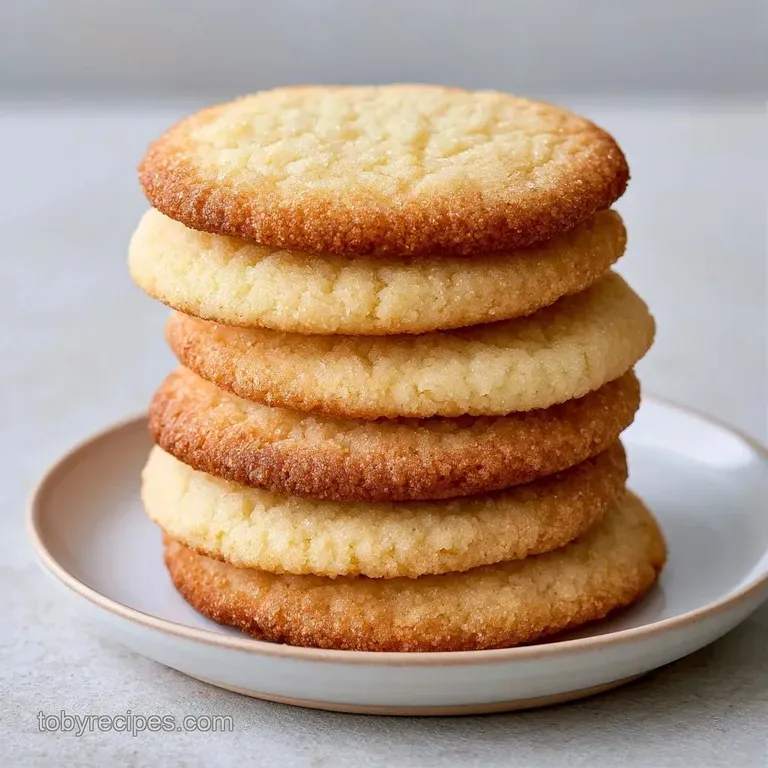 A neat stack of buttery pale cookies on a white ceramic plate next to a glass of cold milk and a linen napkin.