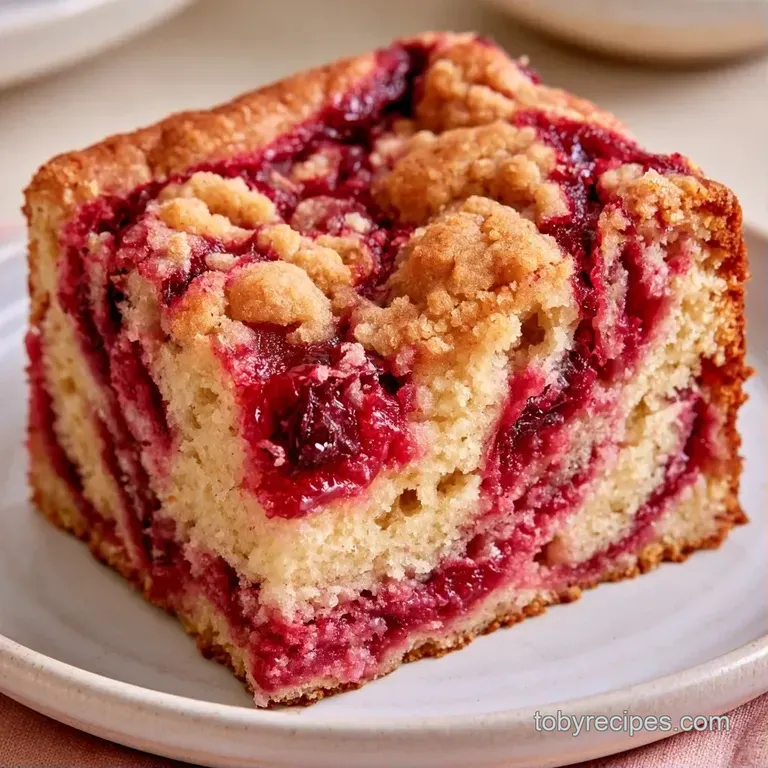 A thick slice of golden cake on a white ceramic plate, showing a spiral of tart red berries and a crumbly top.
