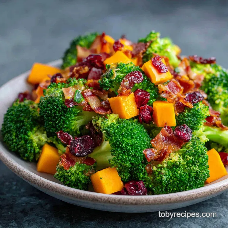 Vibrantly green broccoli and red onion tossed in creamy dressing, served in a white bowl on a light linen cloth.