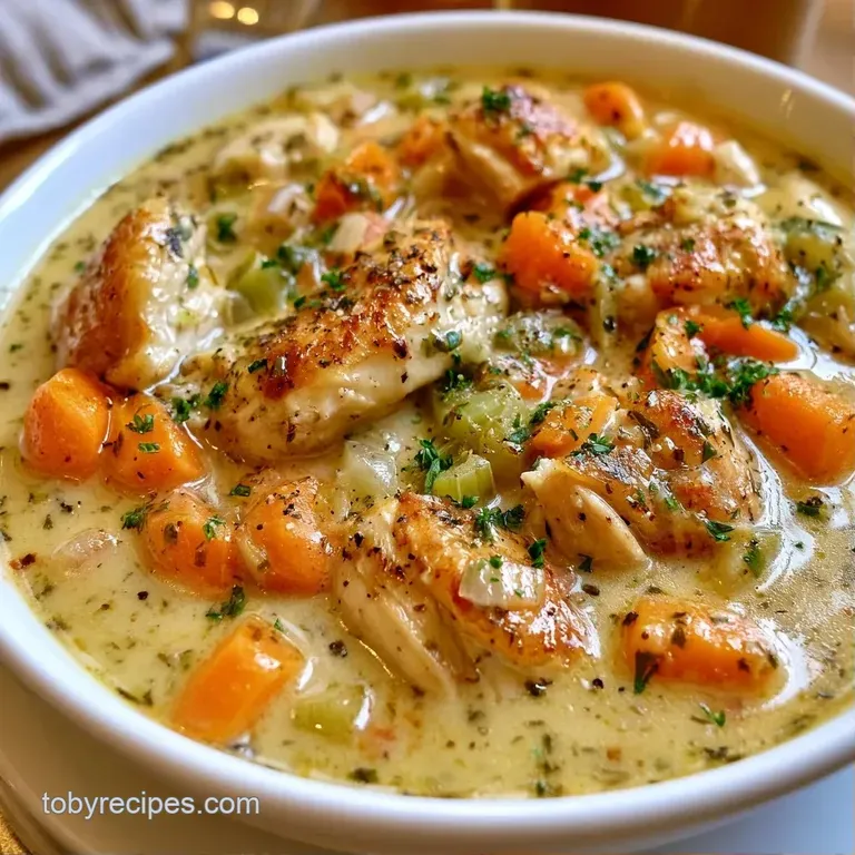 A white ceramic bowl of thick, creamy stew topped with a buttery biscuit and a sprinkle of fresh chopped parsley.