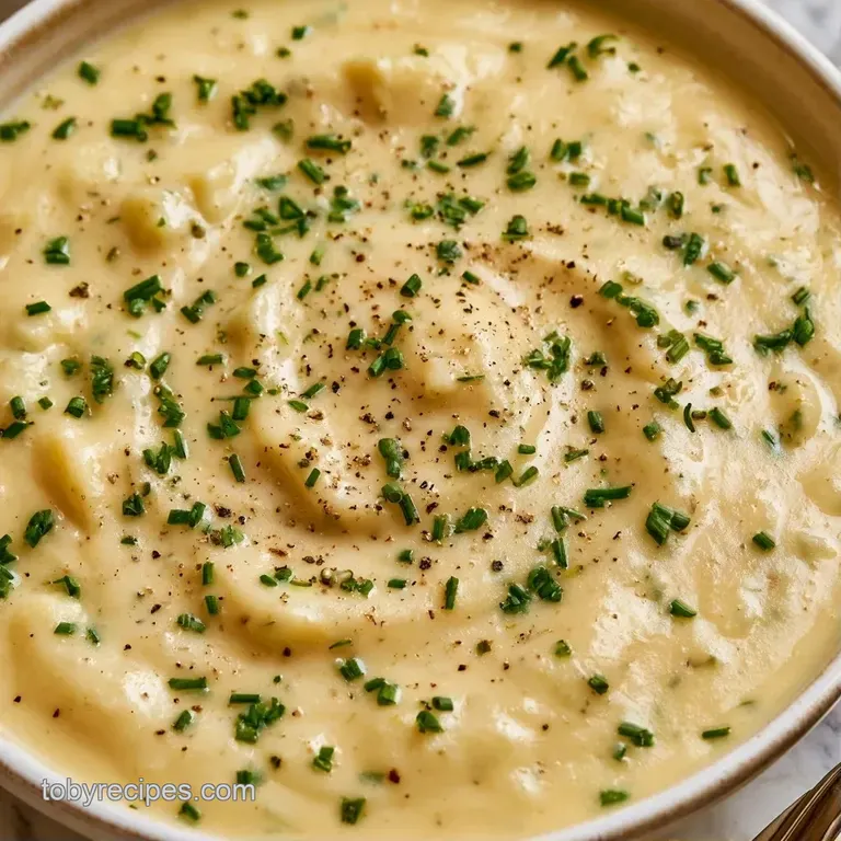 Velvety ivory soup served in a white porcelain bowl paired with toasted sourdough bread on a rustic linen napkin
