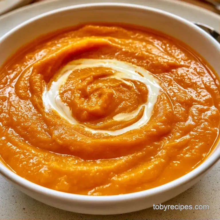 Elegant white bowl of thick orange puree drizzled with cream and fresh parsley on a minimal gray linen tablecloth.