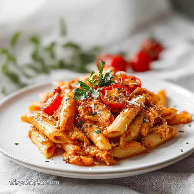 A generous scoop of creamy tomato pasta, topped with melted cheese and fresh basil, artfully plated.