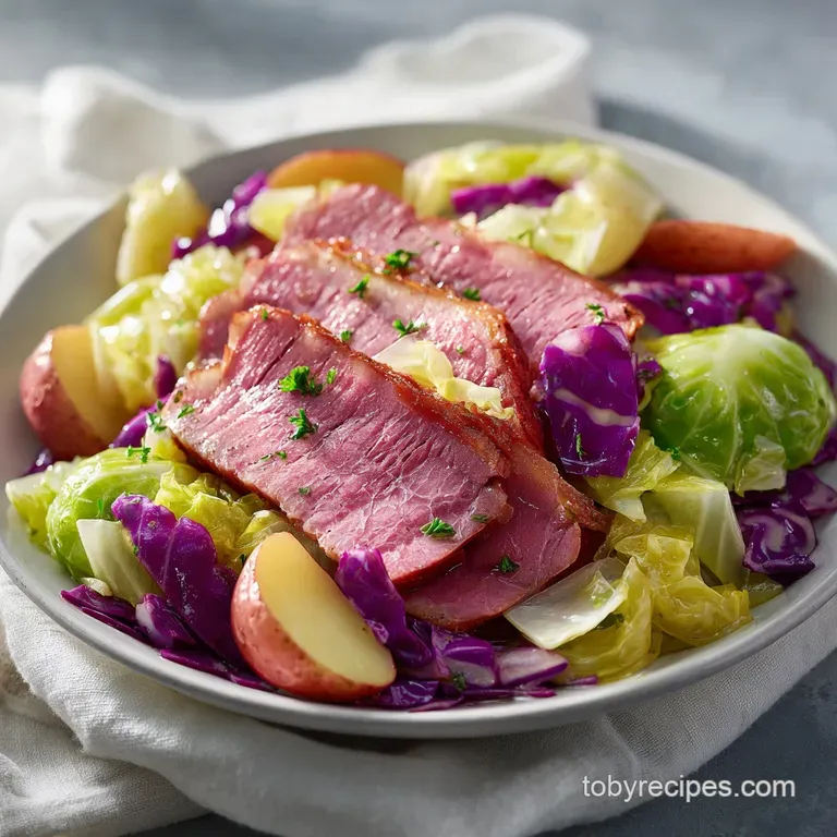 Sliced pink beef beside buttery green cabbage and glazed carrots, neatly arranged on a ceramic serving dish.