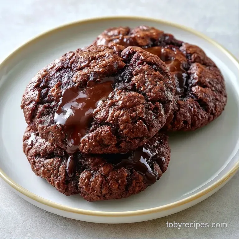 Stack of deep cocoa-brown cookies on a white ceramic plate with a splash of milk and a dusting of fine cocoa powder.