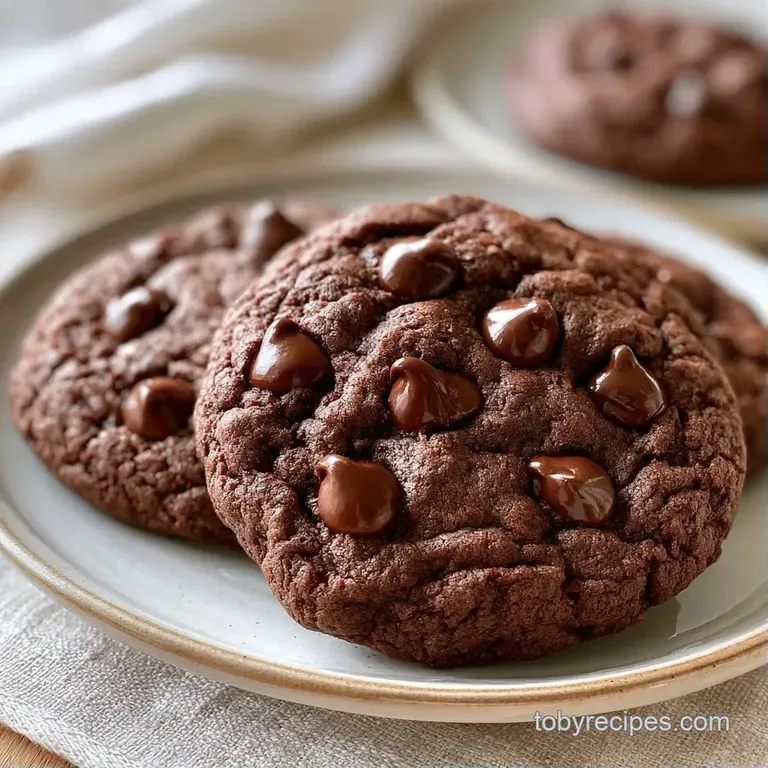 Stack of dark cocoa cookies on a white marble platter, garnished with a glass of cold milk and a linen napkin.