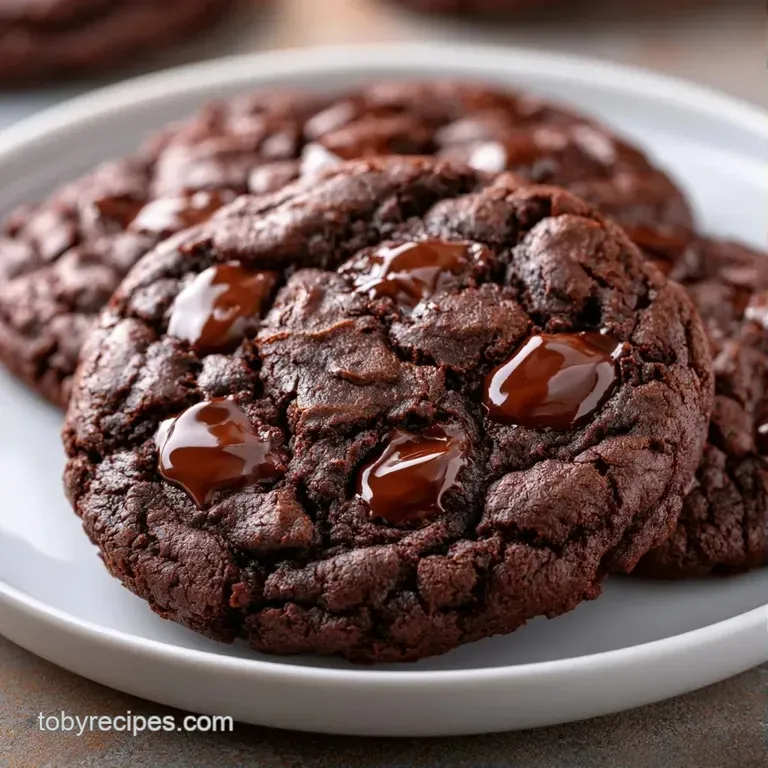 Three rich chocolate cookies stacked neatly on a marble slab with a small glass of cold milk on the side.