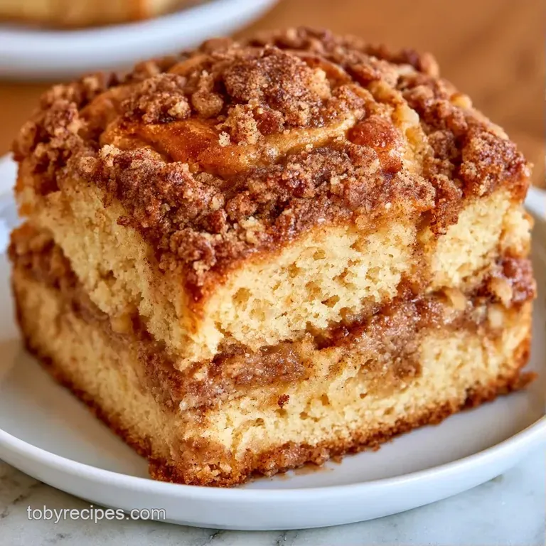 A moist slice of golden cake topped with cinnamon sugar, served on a white plate with a cup of steaming black coffee.