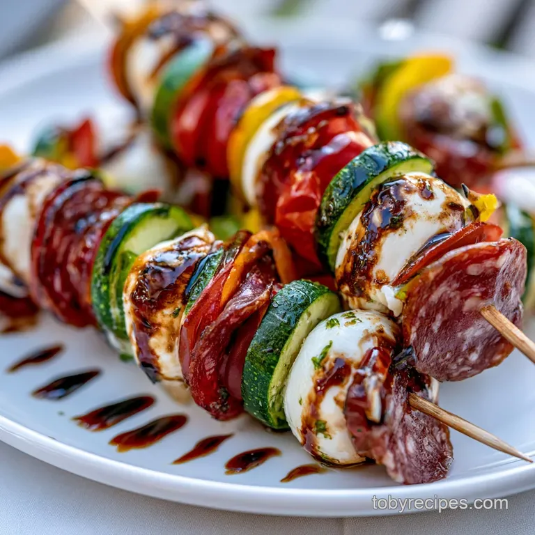 Vibrant skewers arranged on a dark slate platter with a glistening olive oil drizzle and a sprinkle of herbs.