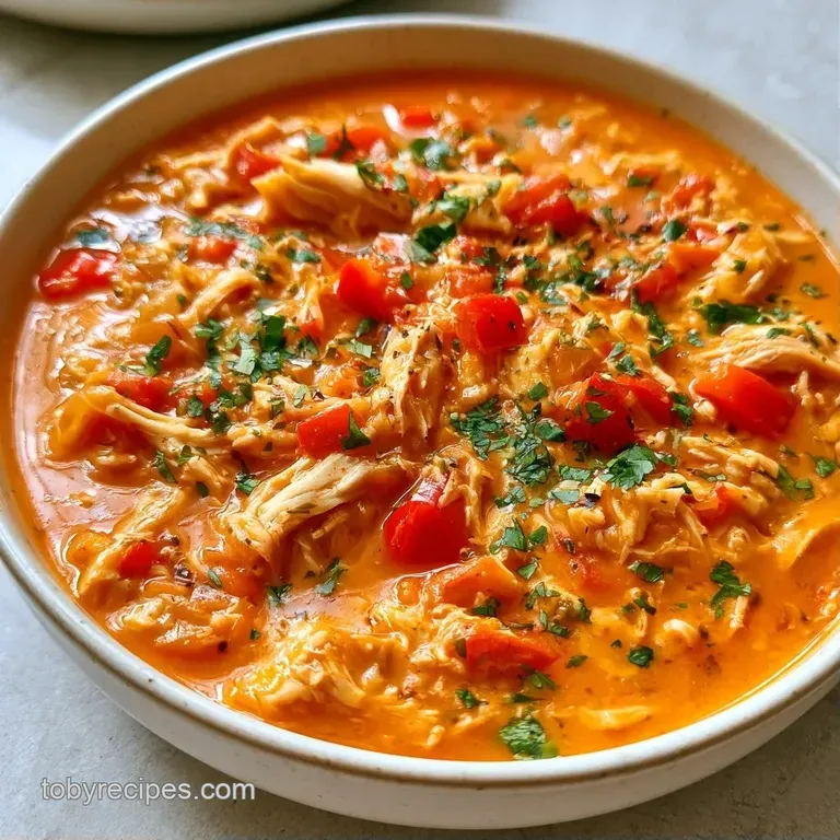 Vibrant orange broth in a white bowl accented by fresh cilantro and golden tortilla strips on a linen napkin.