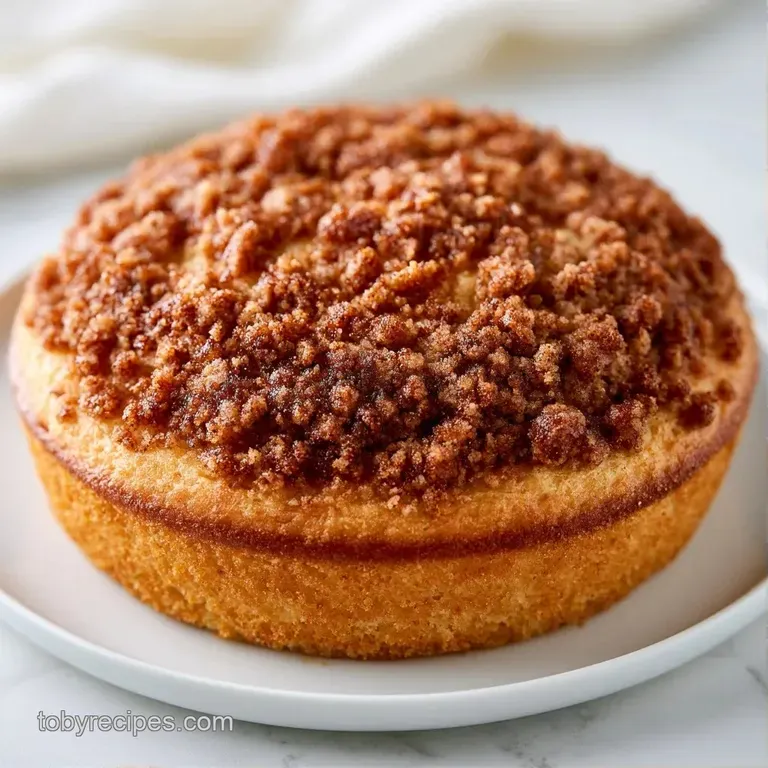 Golden-brown cake slice with a crumbly cinnamon topping paired with a hot cup of black coffee on a rustic table.