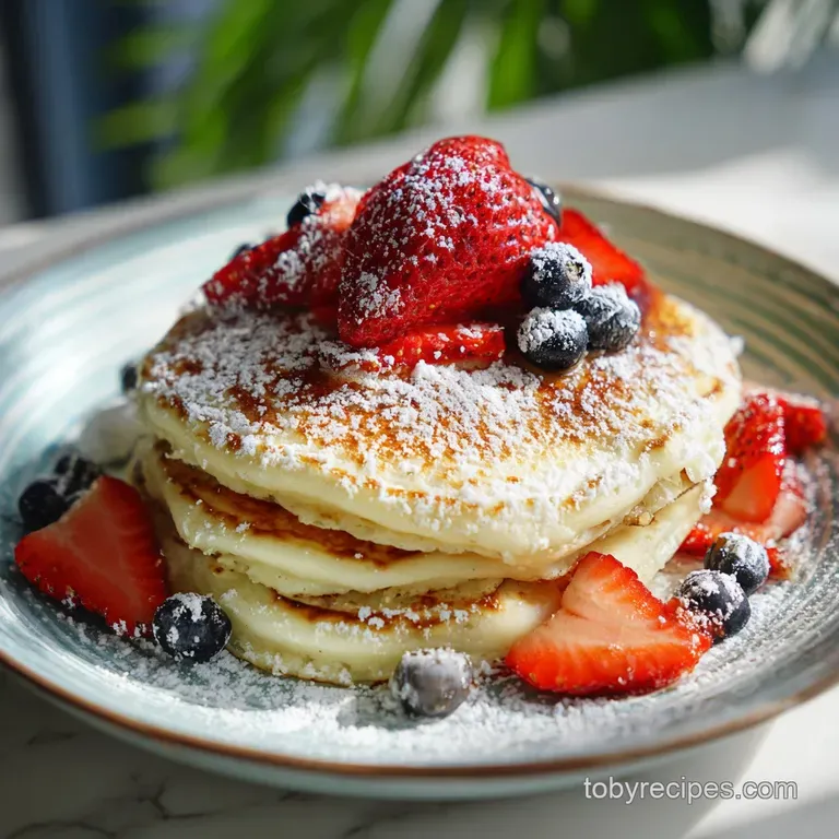 Elegantly plated stack of light, airy pancakes with a swirl of whipped cream and a dusting of powdered sugar.