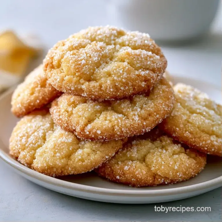 A stack of pale gold cookies topped with a dusting of sugar, served on a white ceramic plate with a linen napkin.