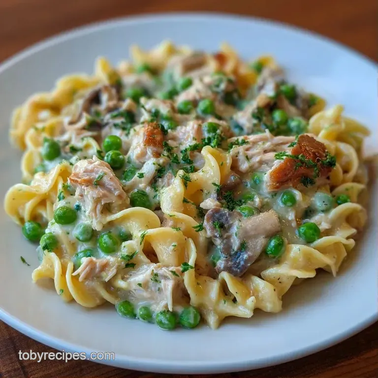 A hearty scoop of creamy pasta and tuna topped with toasted crumbs on a ceramic plate with fresh parsley.