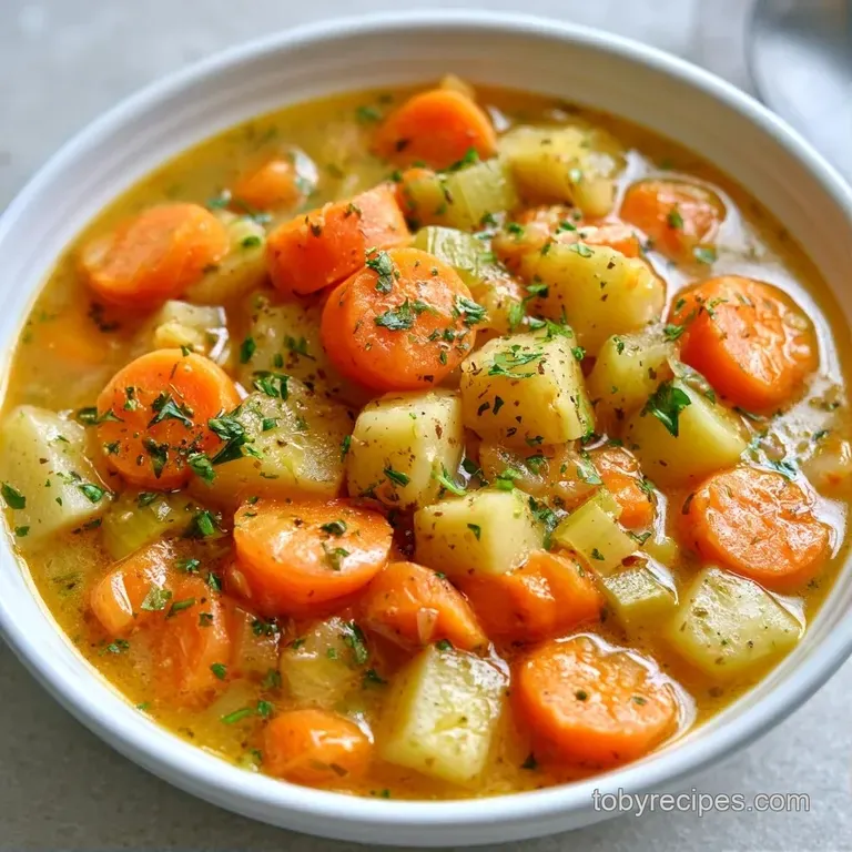 Steaming white ceramic bowl of colorful garden vegetables topped with fresh parsley and a side of crusty bread.