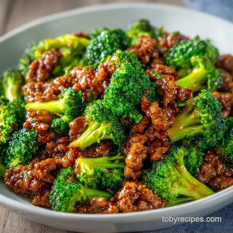 Brown glazed beef and vibrant broccoli served over a mound of fluffy white rice in a matte white ceramic bowl.