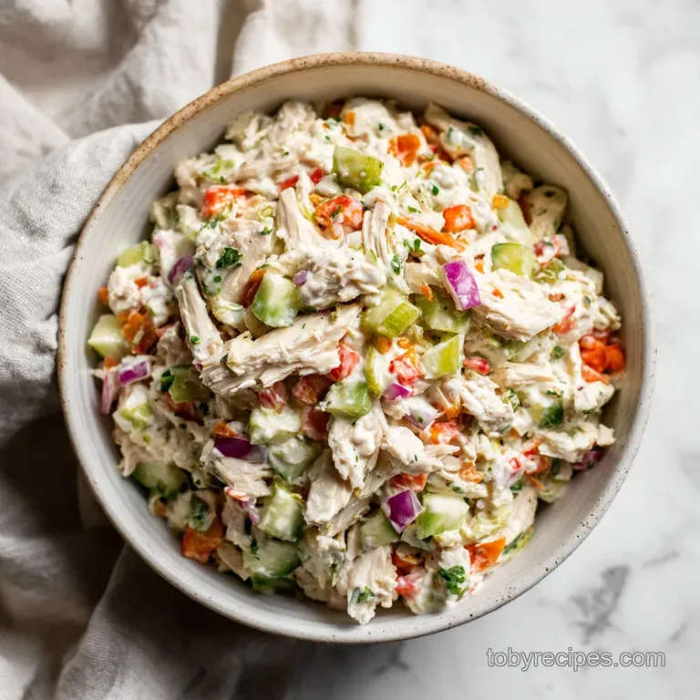A vibrant chicken salad elegantly arranged in a white bowl, with a drizzle of dressing and fresh herbs.