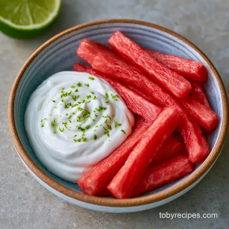 Vibrant red fruit strips neatly arranged beside a smooth swirl of white yogurt, topped with a fresh mint leaf.