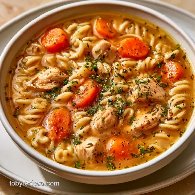 A white ceramic bowl of golden broth with spiral noodles, diced carrots, and a fresh sprinkle of bright green parsley.