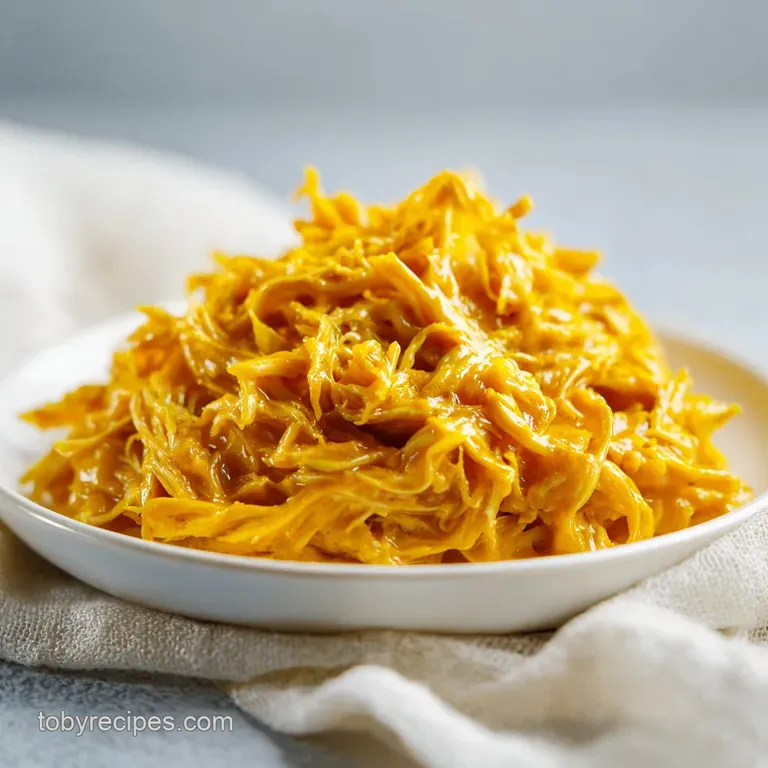 Golden shredded meat piled high on a white plate, garnished with bright green parsley and a side of steamed greens.