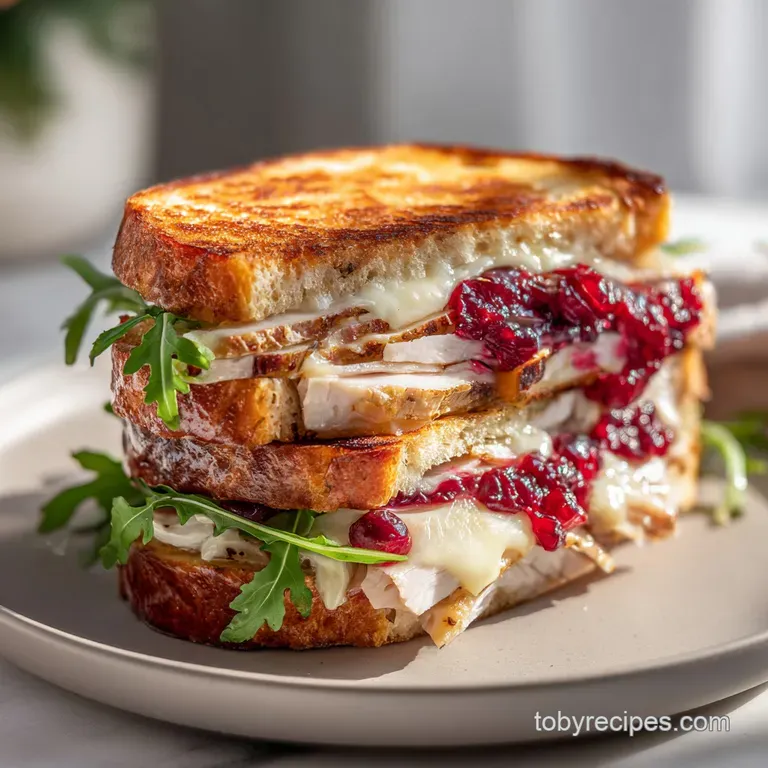 Two halves of a toasted sandwich on a rustic wooden board, revealing layers of melted cheese and tart red jam.