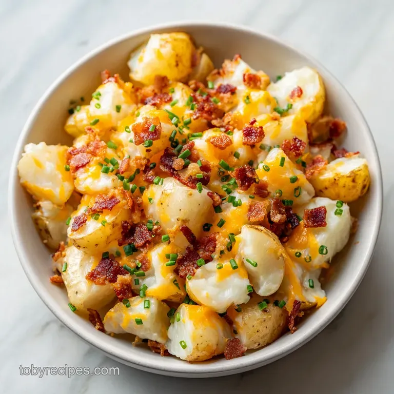A refined portion of creamy roasted potatoes in a white bowl, garnished with delicate chives and salty bacon bits.