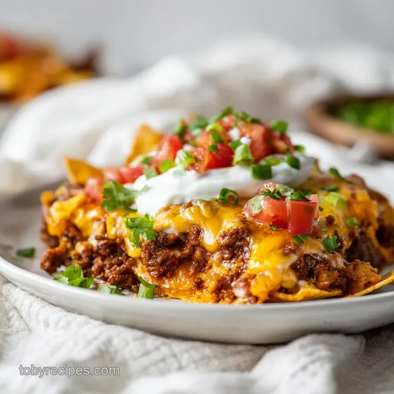 A neat slice of layered taco casserole, topped with vibrant shredded lettuce, diced tomatoes, and a dollop of sour cream.