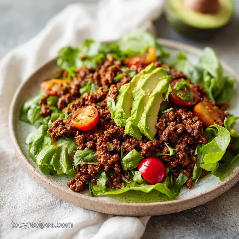 Carefully plated salad with neat sections of diced avocado, red onions, and seasoned beef in a matte black bowl.