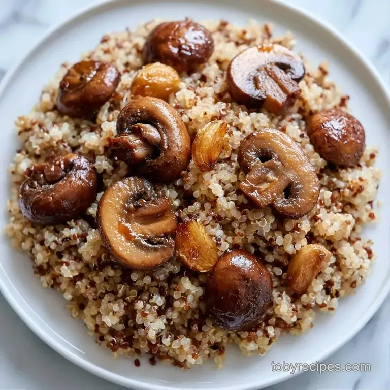 Earthy grains topped with caramelized mushrooms and a drizzle of oil on a white plate with a sprig of parsley.