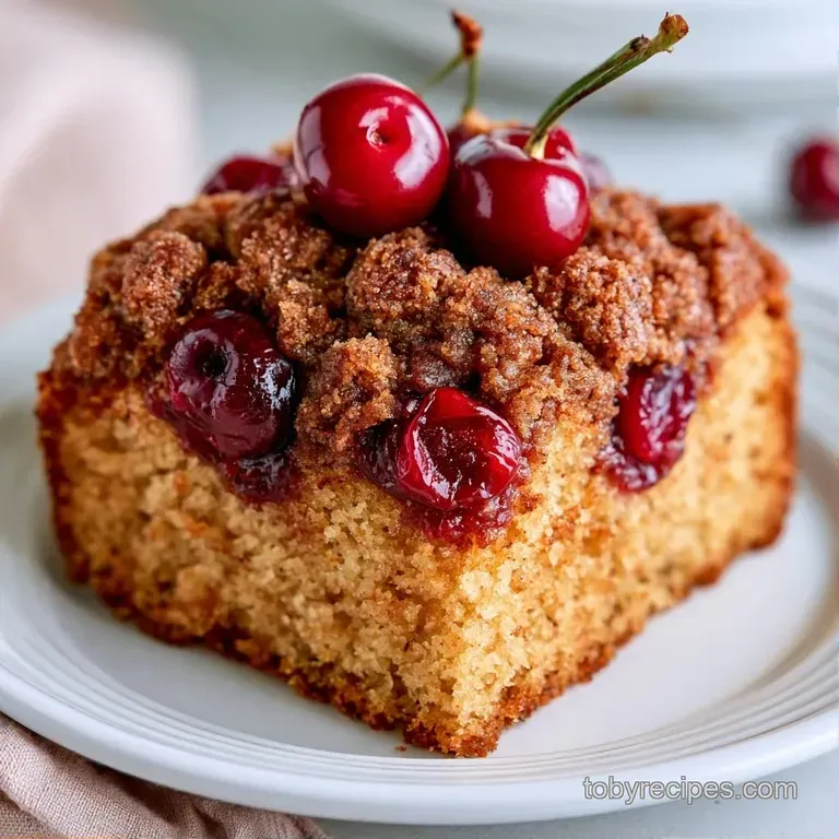 A slice of buttery cake with red cherry pockets on a white ceramic plate, beside a steaming cup of black coffee.