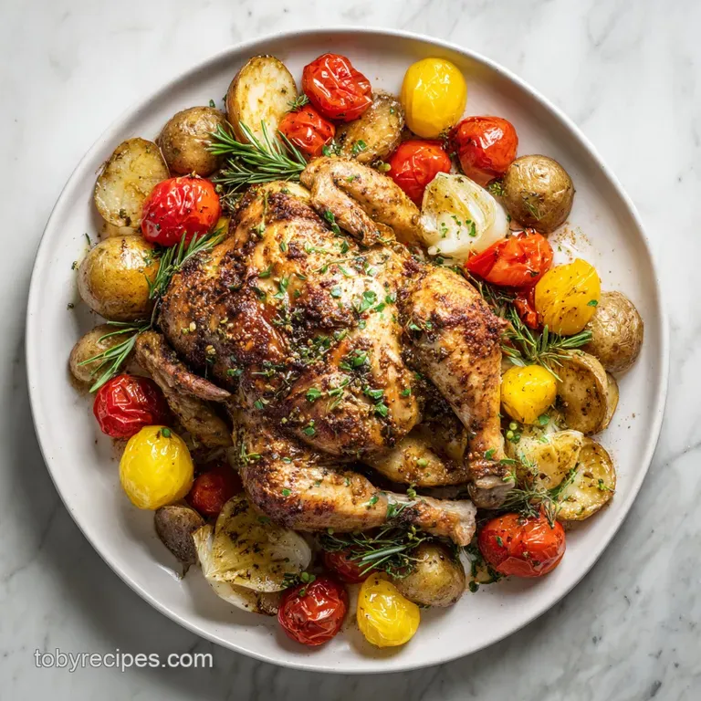 Juicy chicken thigh and colorful roasted root vegetables artfully arranged on a white plate.
