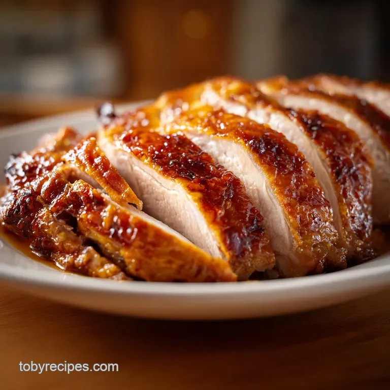 Neatly fanned slices of golden roast meat paired with vibrant orange carrots and a glossy, savory brown gravy.