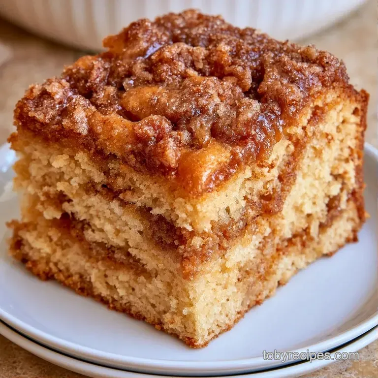 A thick slice of golden cake on a white ceramic plate, drizzled with amber honey and paired with a cup of coffee.