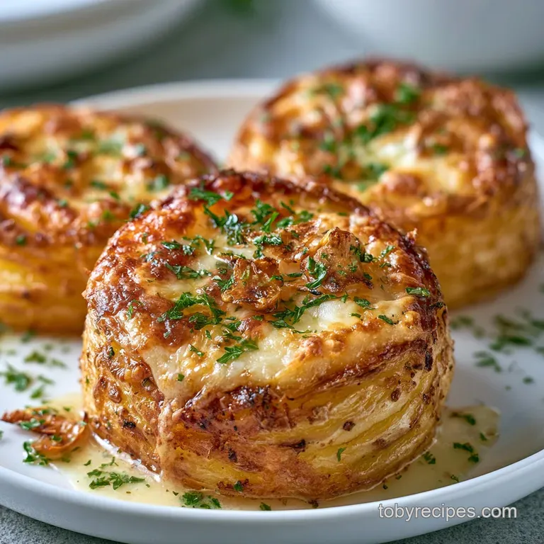 Elegant tower of toasted potato slices with golden cheese crusts on a white plate with a fresh parsley garnish.
