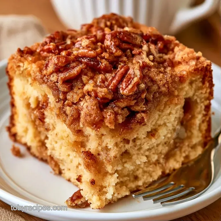 A thick slice of moist cake with a nutty crumble topping on a white plate beside a steaming cup of black coffee.