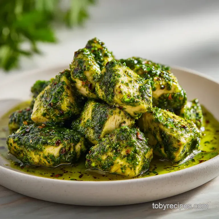 A neat scoop of creamy green chicken salad on a white ceramic plate, garnished with a lemon wedge and microgreens.